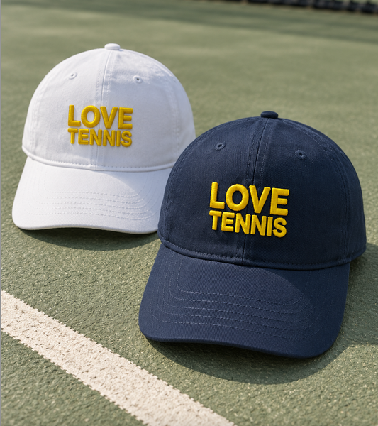 Love Tennis Cap in white and blue with yellow LOVE TENNIS embroidery